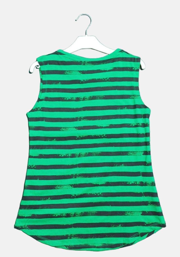 BLUE SEVEN GIRLS M T-SHIRT GREEN BLACK STRIPE