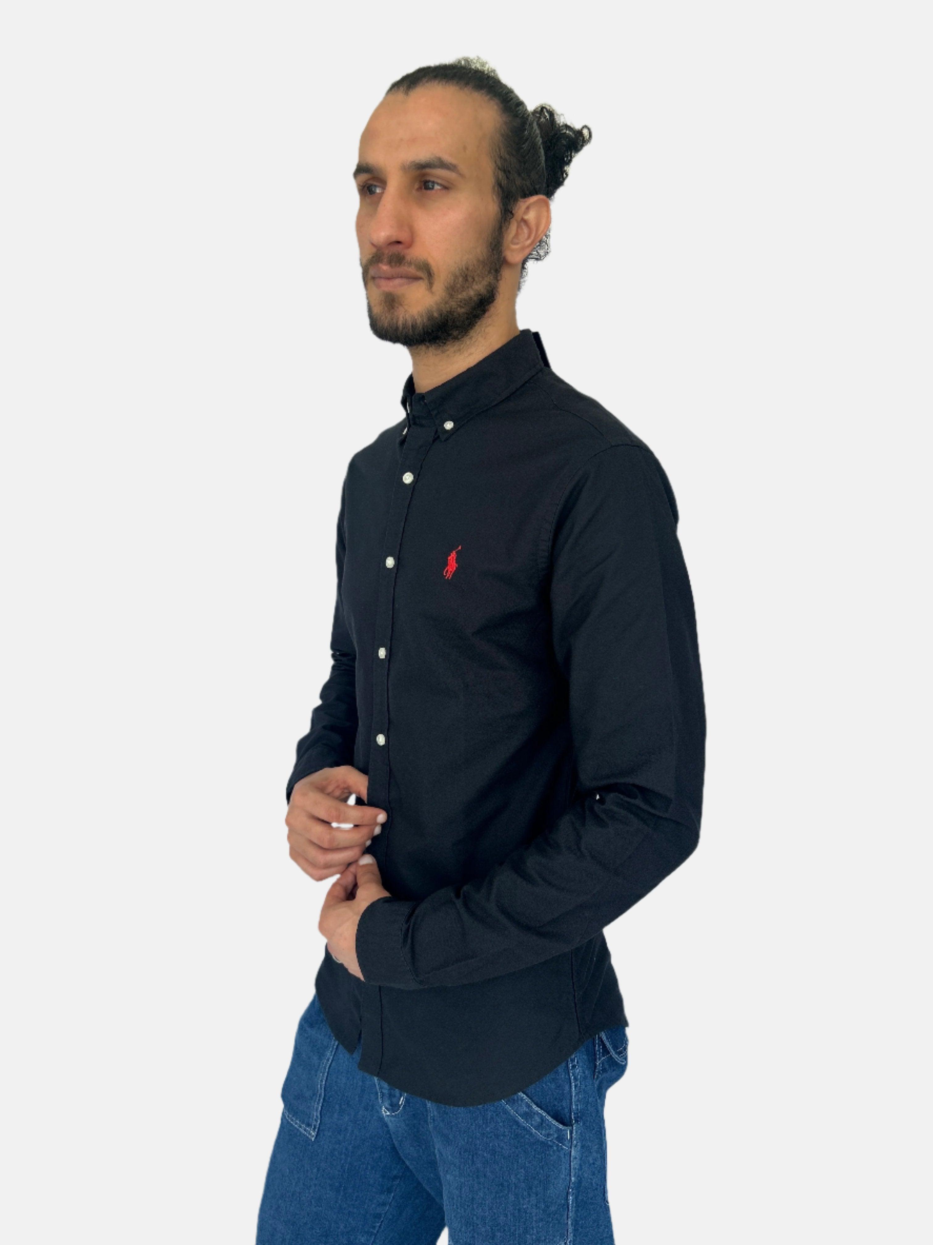 قميص رجالي رالف لورين أسود سادة بقصّة Slim Fit مقاس صغير