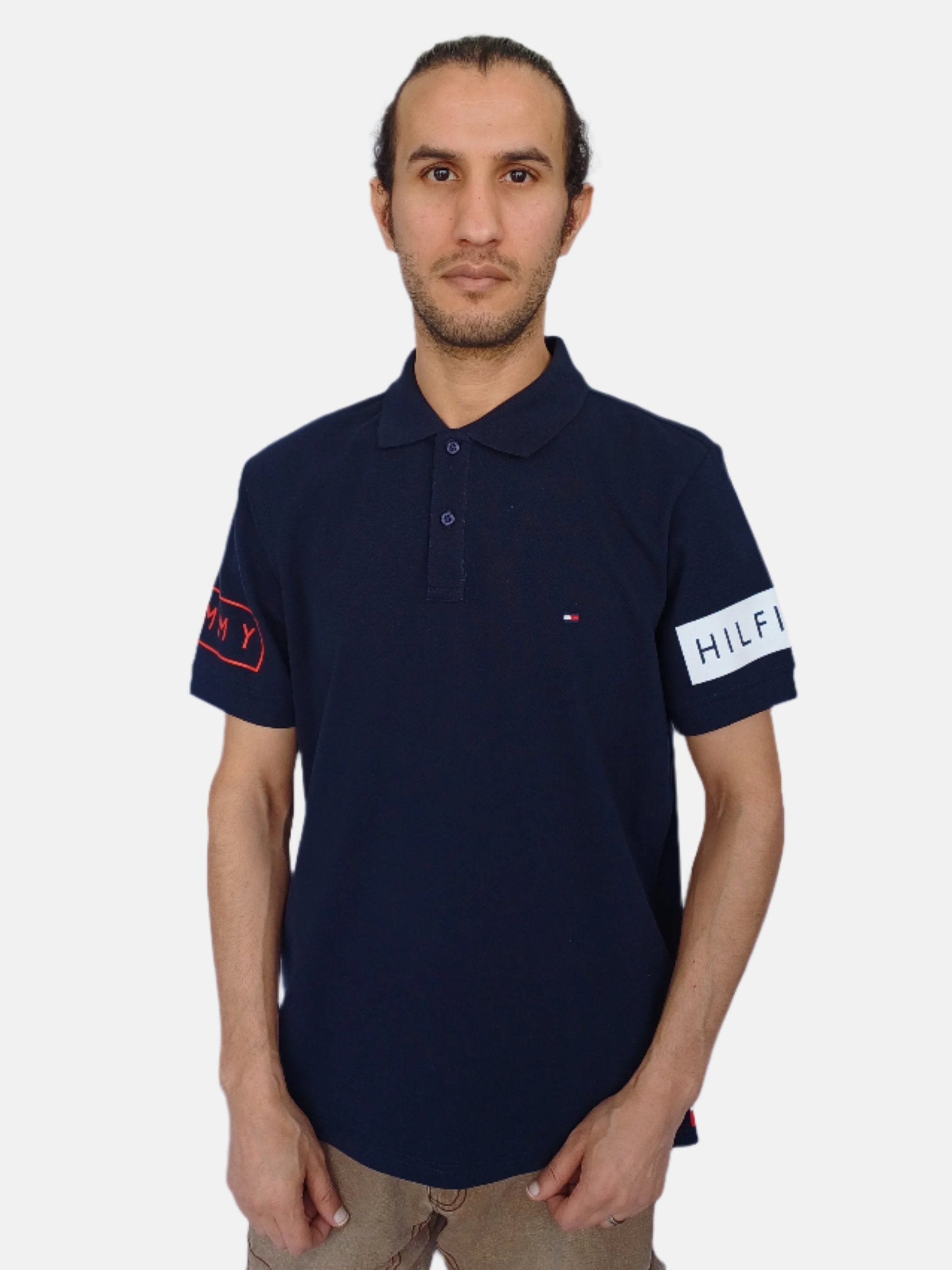 Tommy Hilfiger Men Polo T-shirt logo Print on Sleeve Navy