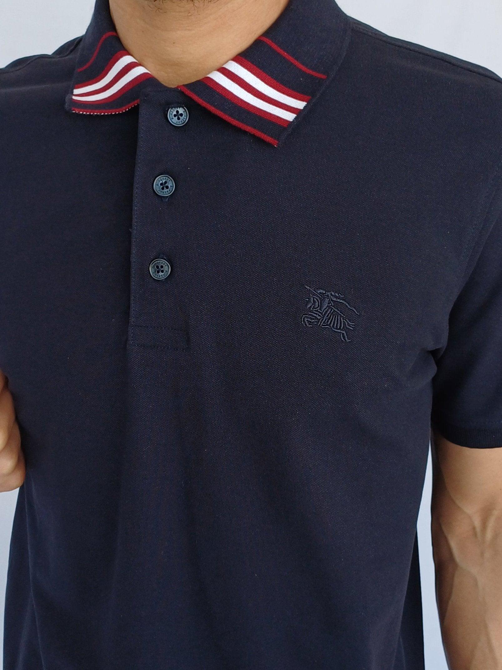 Navy Burberry  Collar Front Strip Design Men Polo T-shirt